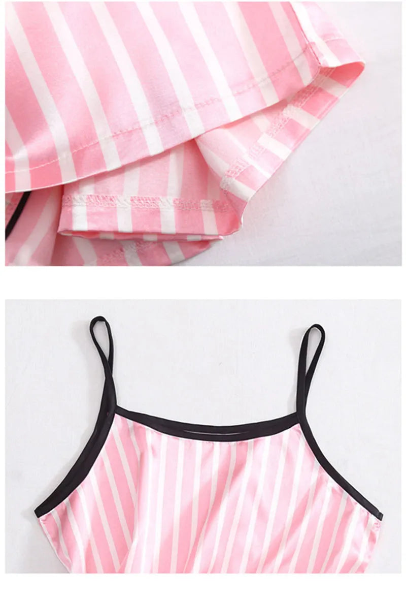 Pajama Sets Woman 7Pcs/Set Pyjamas Sexy Pink Striped Sleepwear Sumptuous Cute Loungewear