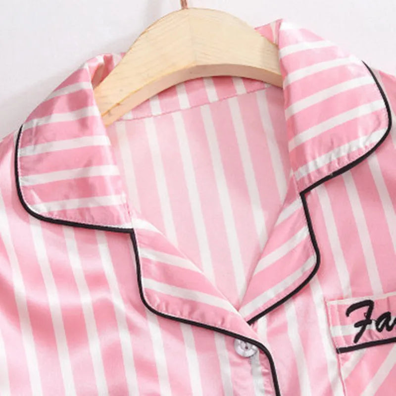 Pajama Sets Woman 7Pcs/Set Pyjamas Sexy Pink Striped Sleepwear Sumptuous Cute Loungewear