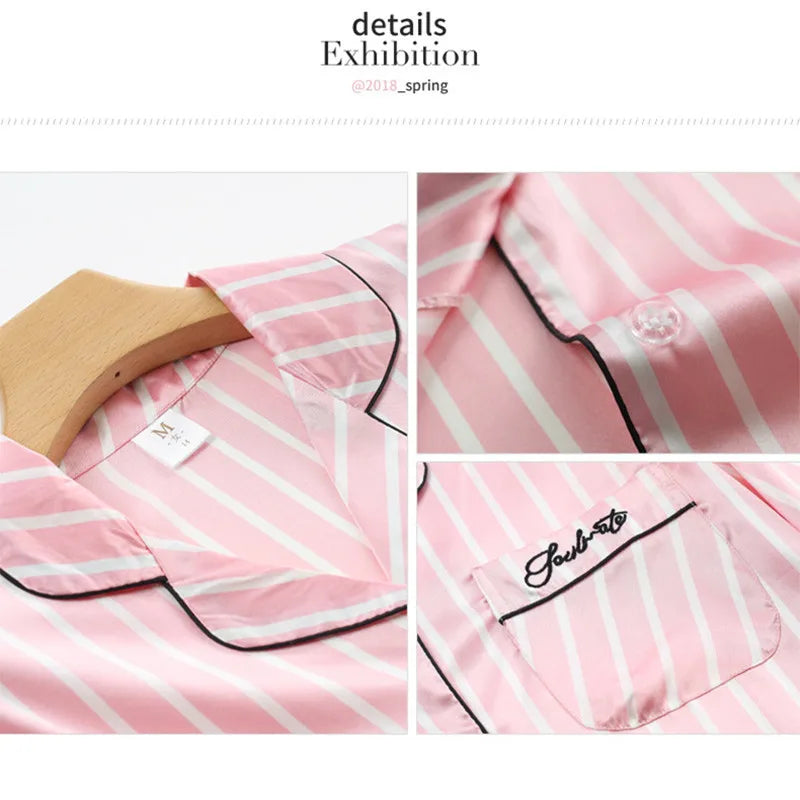 Pajama Sets Woman 7Pcs/Set Pyjamas Sexy Pink Striped Sleepwear Sumptuous Cute Loungewear