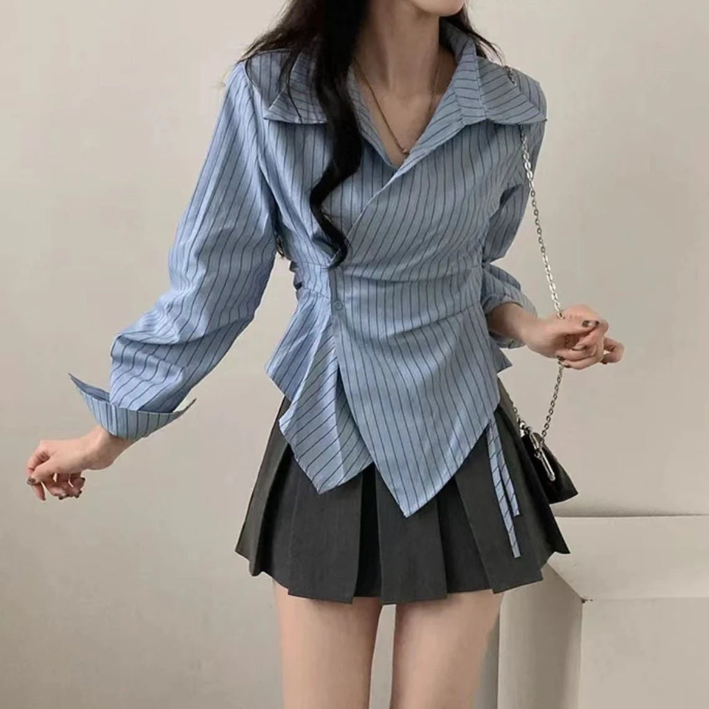 Korean Design Irregular Waist-Cinching Autumn Striped College Sle Long Sve Slimming Top Women's Faion Polyester irt