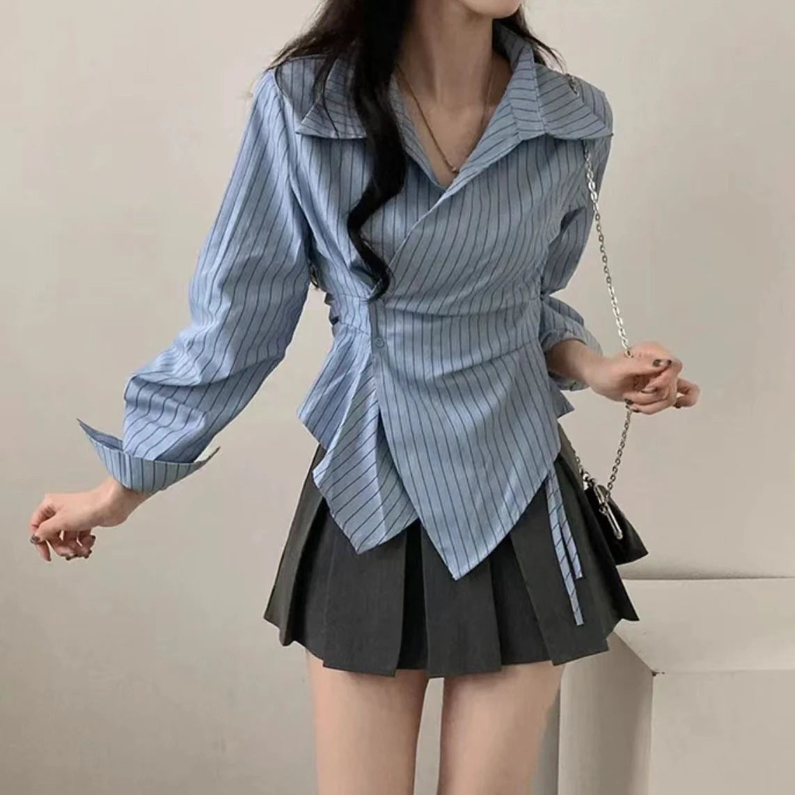 Korean Design Irregular Waist-Cinching Autumn Striped College Sle Long Sve Slimming Top Women's Faion Polyester irt