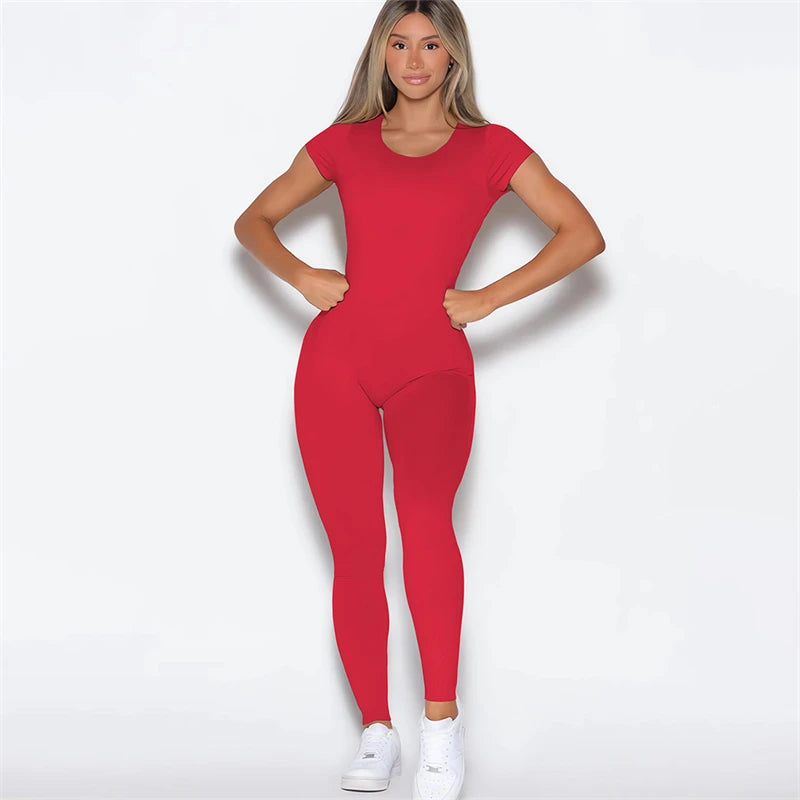 2025 Women Open Back Tee Bodysuit Bum Backless Seamless Gym Wear Short Sleeve One Piece Yoga Set Gym Outfit Overalls Jumpsuit