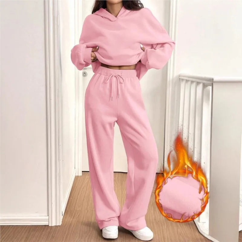 Simplicity Women's Outfits Two Piece Sport Set Long Sleeve Loose Hoodies Lace-up High Waist Straight Pant Sets Solid Tracksuits