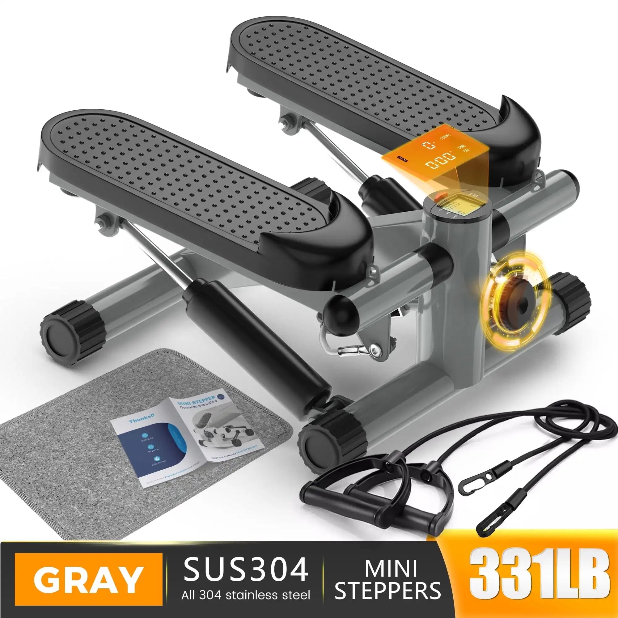 Opmukin Mini Steppers for Exercise, Mute The Sound with Resistance Bands, 331lbs Loading Capacity, Digital Monitor