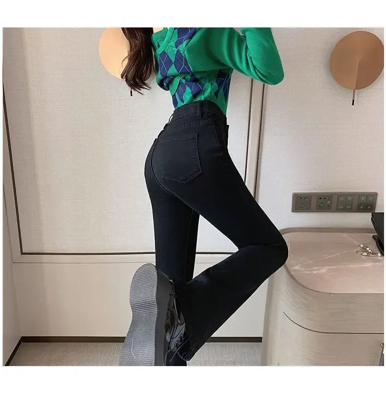 Slimming Straight-Leg Denim Jeans Women's Autumn/Winter Petite Blue Grey High Elasticity Micro Flare Shaping Smooth Silhouette