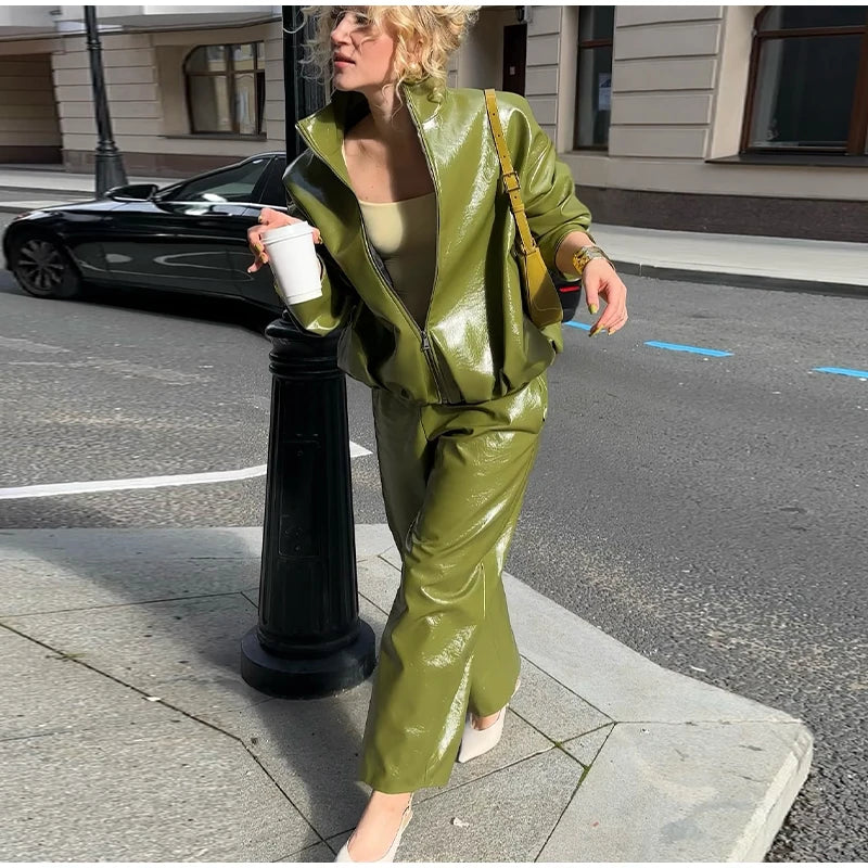 Y2K Pu Leather Women Skirt Set Street Solid Long Sleeve Stand Zippers Jacket Split Skirts 2025 Autumn Fashion Lady Outfit