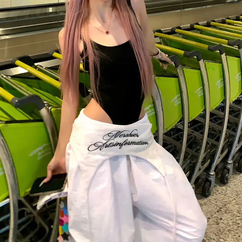 MEXZT Y2K White Cargo Pants Women Streetwear Embroidery Baggy Sweatpants Harajuku Wide Leg Joggers Summer Oversized Trousers New