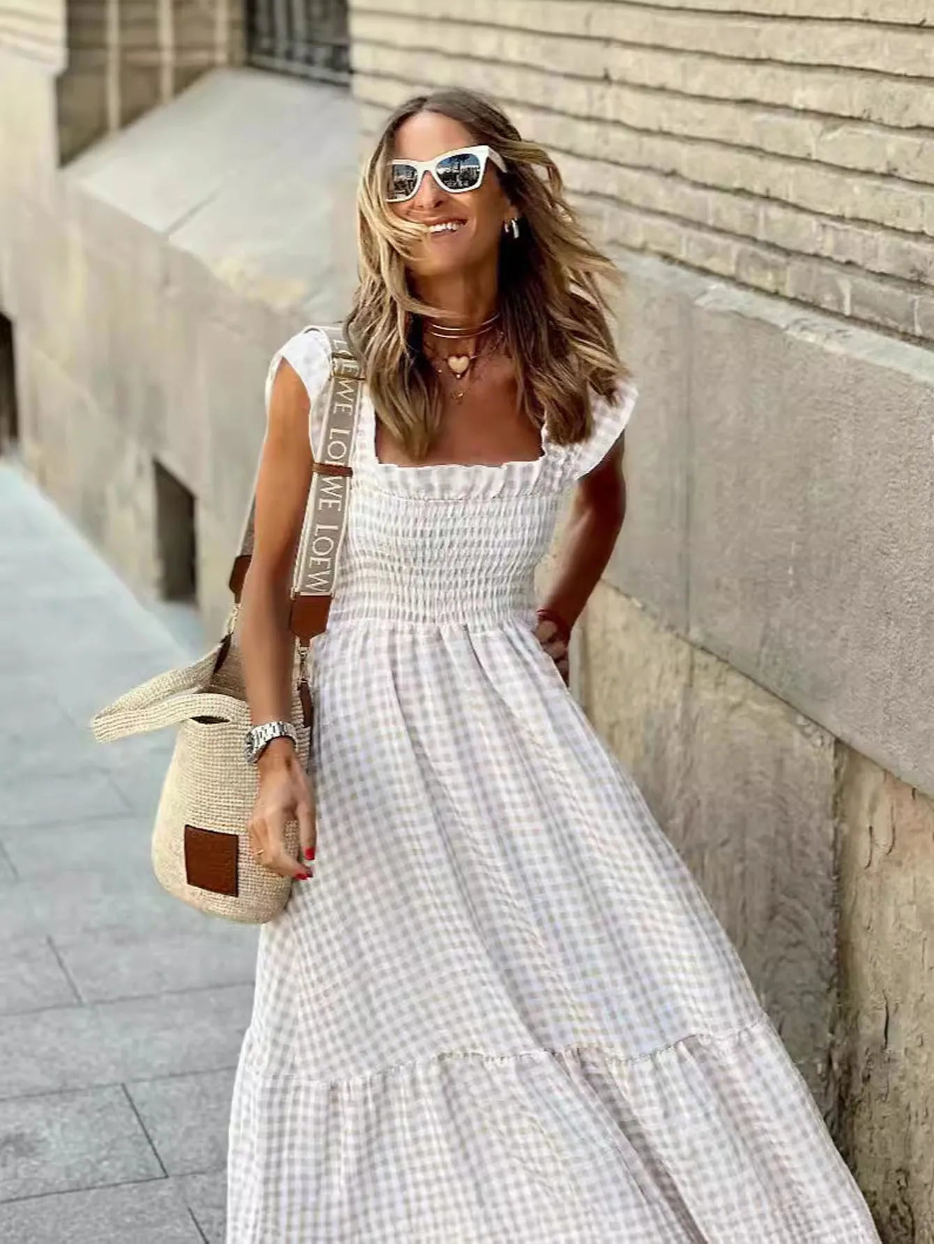 Women's Fashion summer outfits Retro Plaid Smocked Flounce Dress Dress Spaghetti Strap Flounce Long Dress