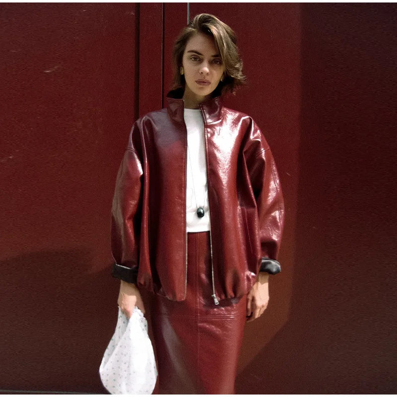 Y2K Pu Leather Women Skirt Set Street Solid Long Sleeve Stand Zippers Jacket Split Skirts 2025 Autumn Fashion Lady Outfit