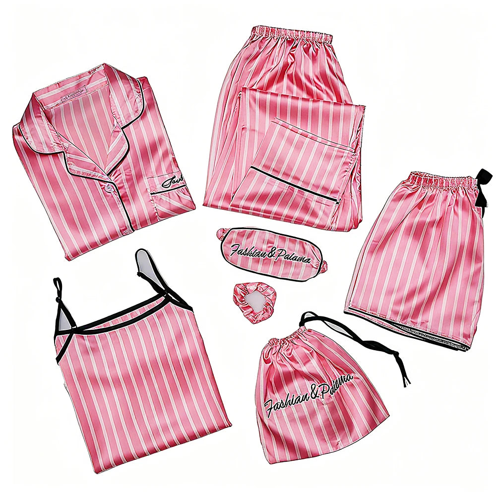 Pajama Sets Woman 7Pcs/Set Pyjamas Sexy Pink Striped Sleepwear Sumptuous Cute Loungewear