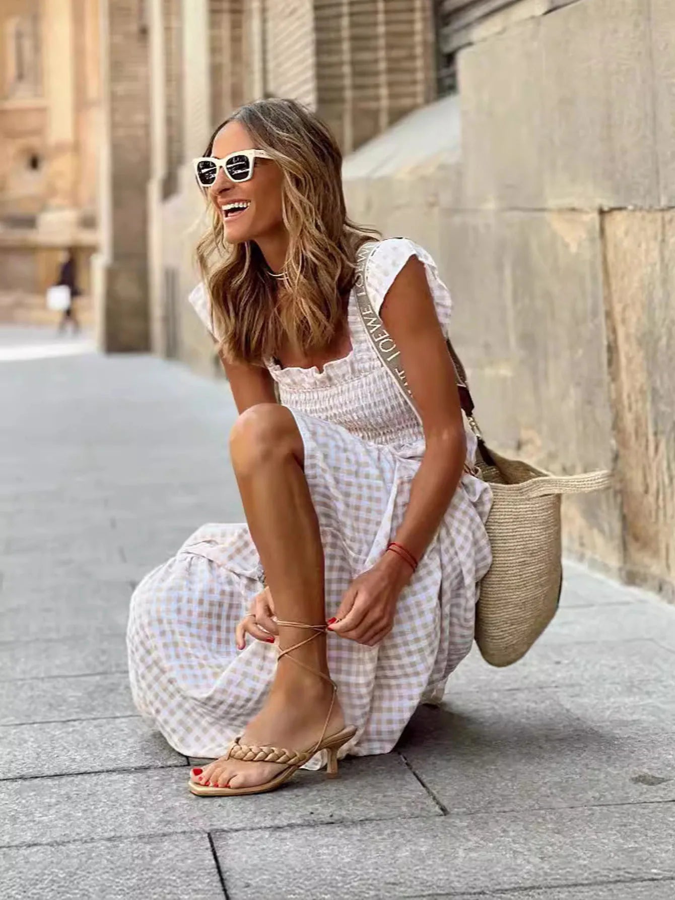 Women's Fashion summer outfits Retro Plaid Smocked Flounce Dress Dress Spaghetti Strap Flounce Long Dress