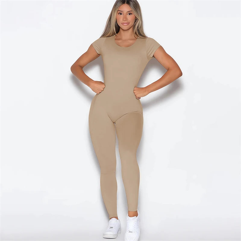 2025 Women Open Back Tee Bodysuit Bum Backless Seamless Gym Wear Short Sleeve One Piece Yoga Set Gym Outfit Overalls Jumpsuit