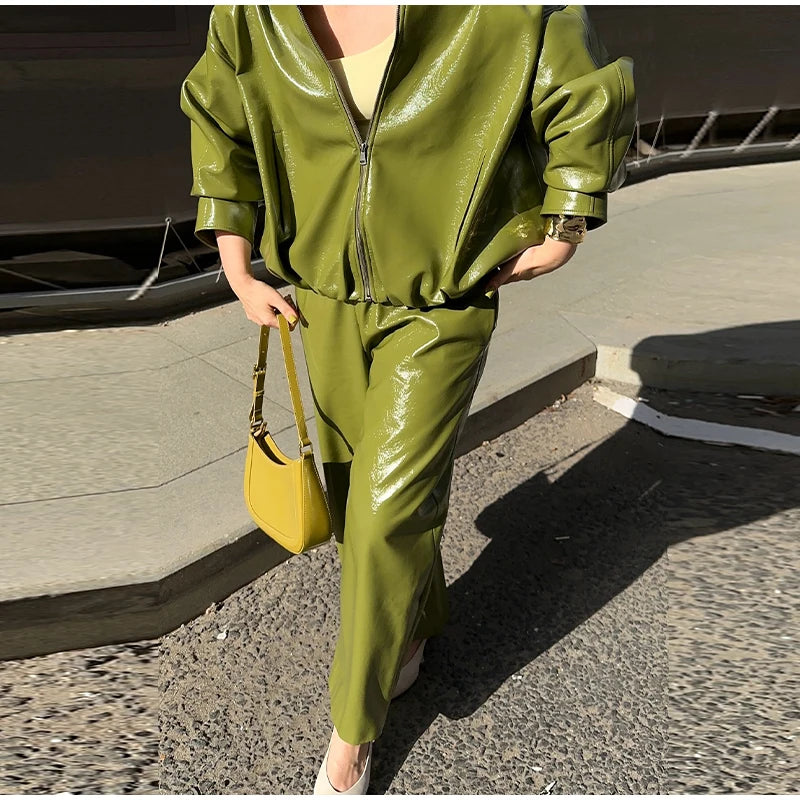 Y2K Pu Leather Women Skirt Set Street Solid Long Sleeve Stand Zippers Jacket Split Skirts 2025 Autumn Fashion Lady Outfit