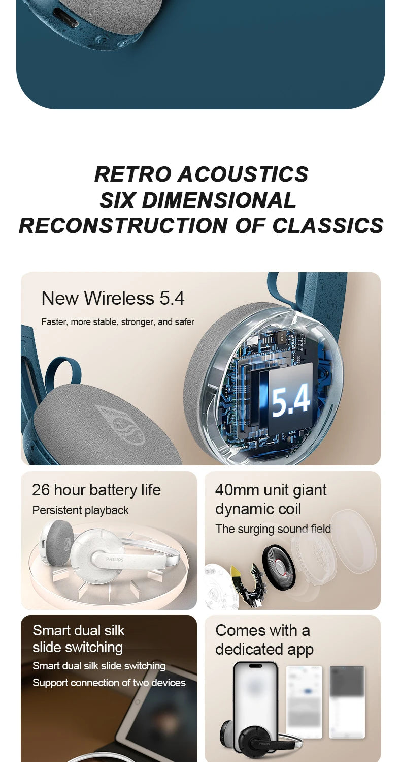 PHILIPS TAH 2000 over-ear wireless Bluetooth headphones feature a retro design  smart noise-cancelling headphones for calls