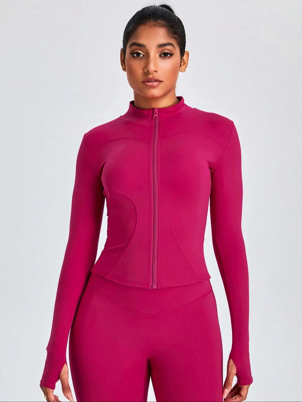 Fitfemme Two-piece Set Women's Solid Zip UpMock Neck Sports Jacket & HighWaist Leggings Set, SportyBreathable Quick Drying