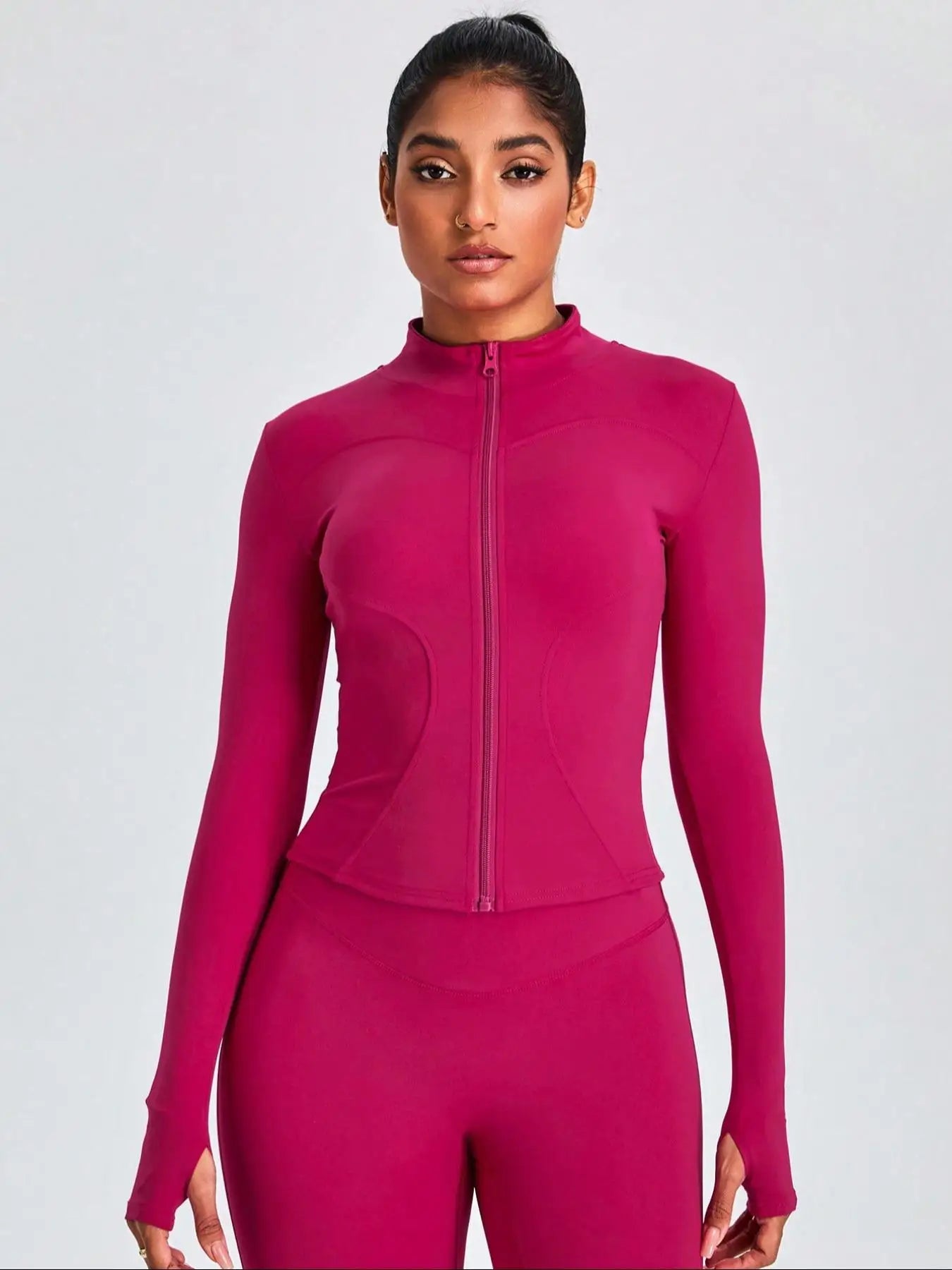 Fitfemme Two-piece Set Women's Solid Zip UpMock Neck Sports Jacket & HighWaist Leggings Set, SportyBreathable Quick Drying