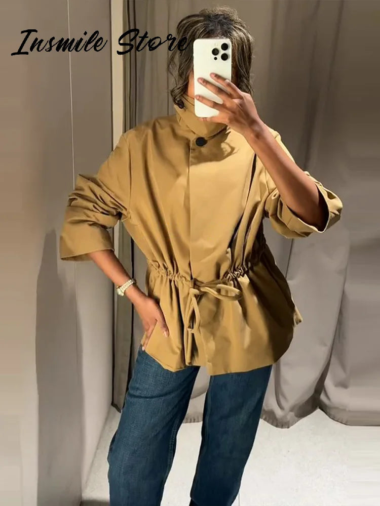 Casual Invisible Button Drawstring Short Parka Women Lapel Single Breasted Full Sleeve Solid Street Jacket 2025 Autumn Lady Coat