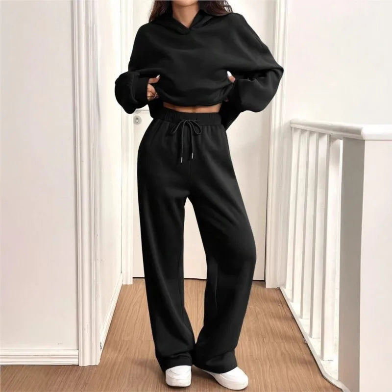 Simplicity Women's Outfits Two Piece Sport Set Long Sleeve Loose Hoodies Lace-up High Waist Straight Pant Sets Solid Tracksuits