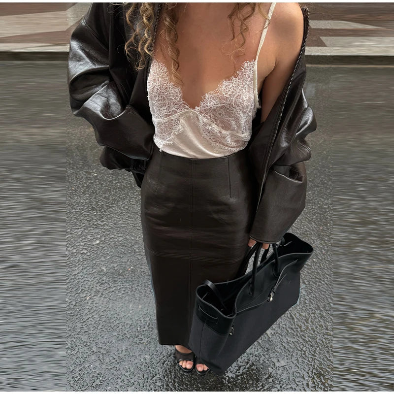 Y2K Pu Leather Women Skirt Set Street Solid Long Sleeve Stand Zippers Jacket Split Skirts 2025 Autumn Fashion Lady Outfit
