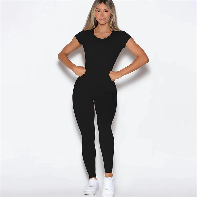 2025 Women Open Back Tee Bodysuit Bum Backless Seamless Gym Wear Short Sleeve One Piece Yoga Set Gym Outfit Overalls Jumpsuit