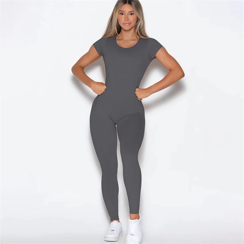 2025 Women Open Back Tee Bodysuit Bum Backless Seamless Gym Wear Short Sleeve One Piece Yoga Set Gym Outfit Overalls Jumpsuit