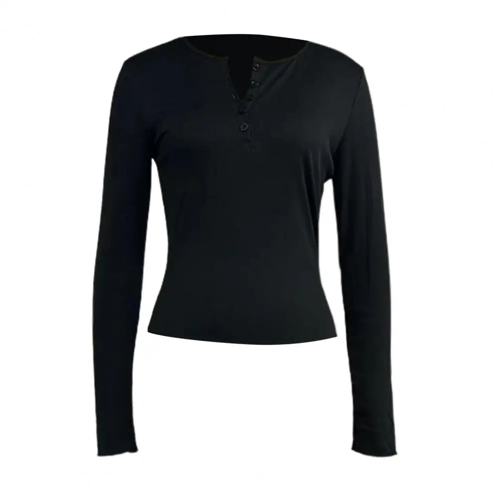 Women Autumn Spring Top O Neck Button Long Sleeve Slim Fit Pullover Soft Breathable Elastic Simple Style Women T-shirt Blouse