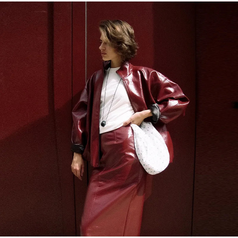 Y2K Pu Leather Women Skirt Set Street Solid Long Sleeve Stand Zippers Jacket Split Skirts 2025 Autumn Fashion Lady Outfit