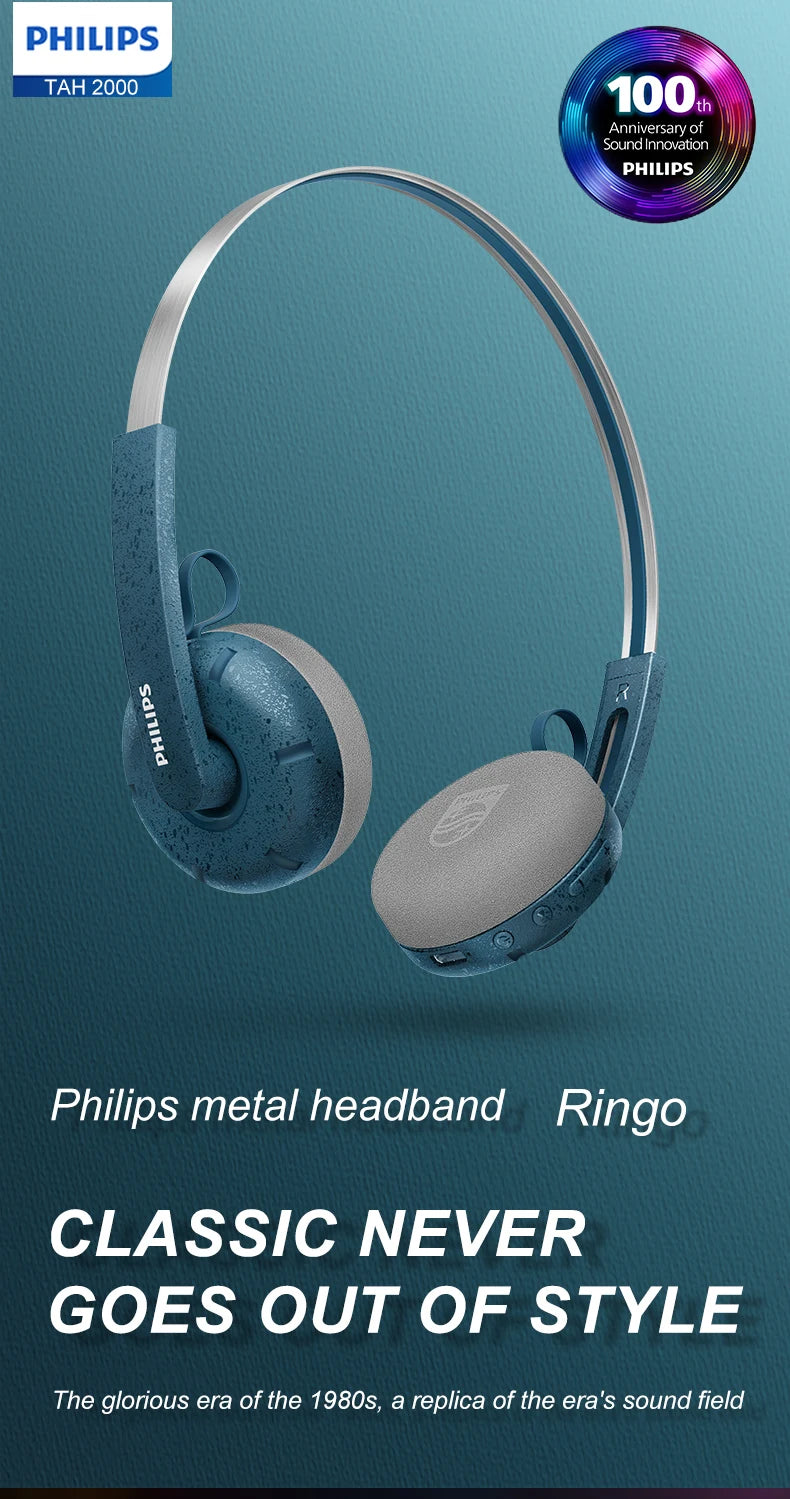 PHILIPS TAH 2000 over-ear wireless Bluetooth headphones feature a retro design  smart noise-cancelling headphones for calls
