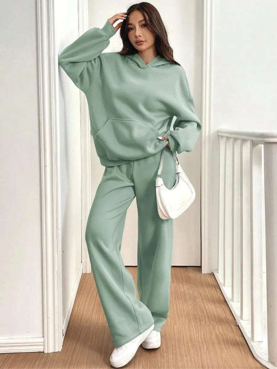 Simplicity Women's Outfits Two Piece Sport Set Long Sleeve Loose Hoodies Lace-up High Waist Straight Pant Sets Solid Tracksuits