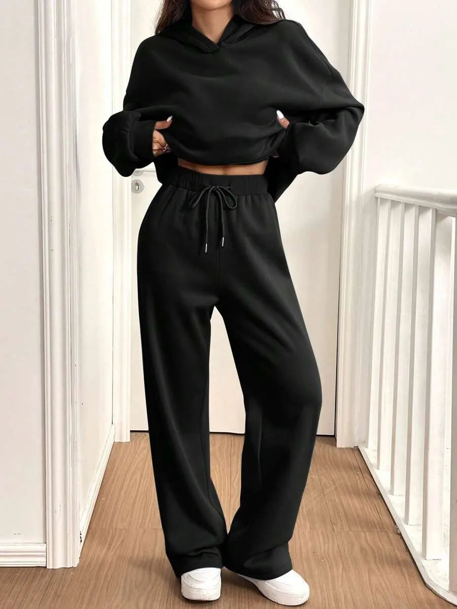 Simplicity Women's Outfits Two Piece Sport Set Long Sleeve Loose Hoodies Lace-up High Waist Straight Pant Sets Solid Tracksuits