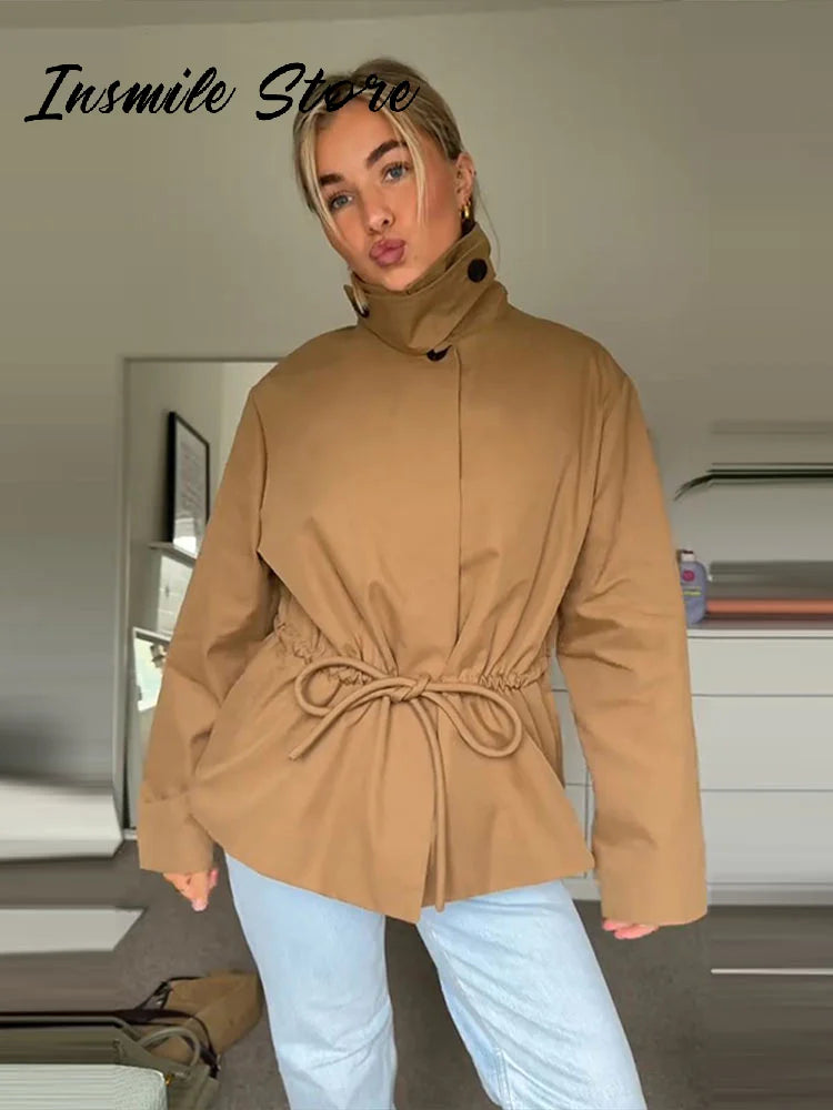 Casual Invisible Button Drawstring Short Parka Women Lapel Single Breasted Full Sleeve Solid Street Jacket 2025 Autumn Lady Coat