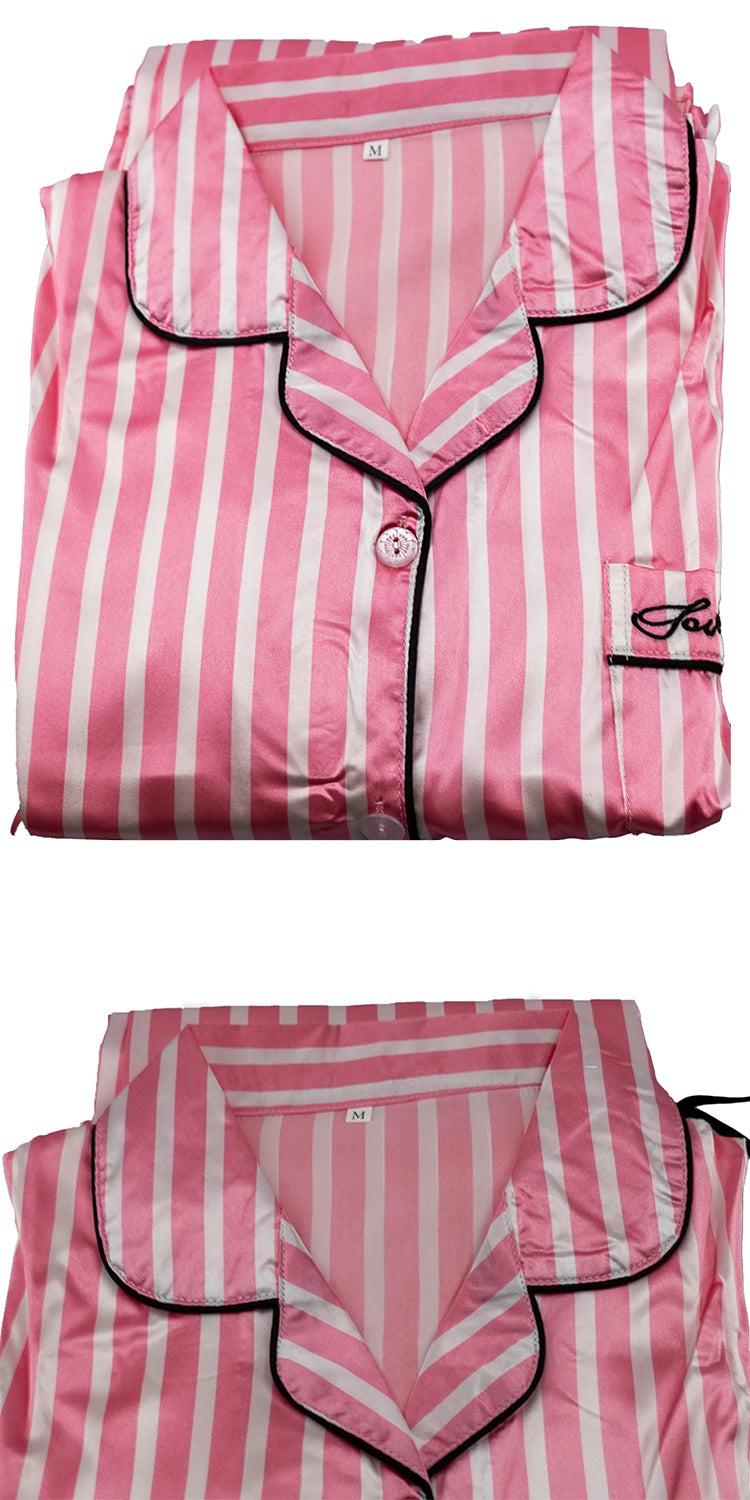 Pajama Sets Woman 7Pcs/Set Pyjamas Sexy Pink Striped Sleepwear Sumptuous Cute Loungewear