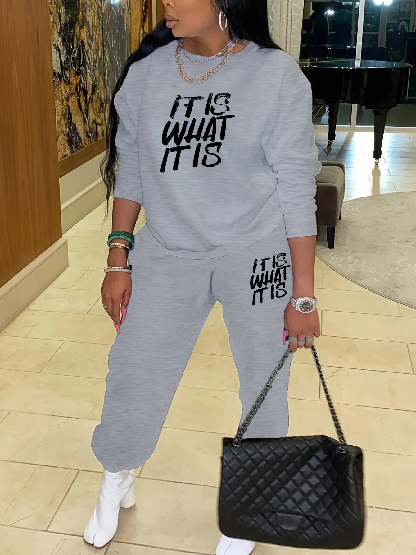 Plus Size Casual Sports Hoodie Two-Piece Set Loose Long Sleeve T Shirt Letter Pants for Women