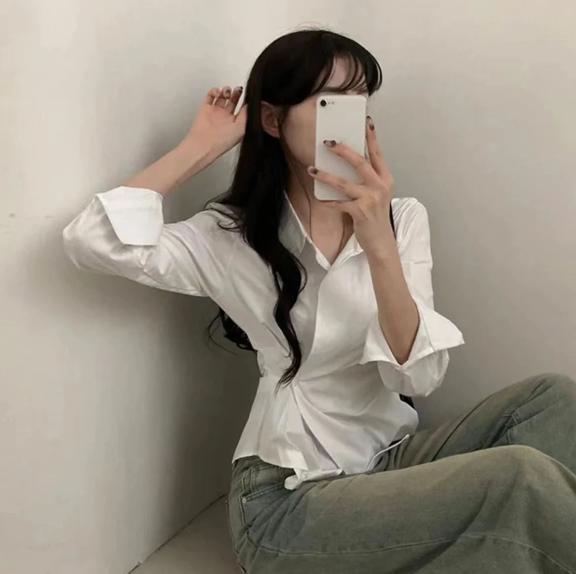 Korean Design Irregular Waist-Cinching Autumn Striped College Sle Long Sve Slimming Top Women's Faion Polyester irt