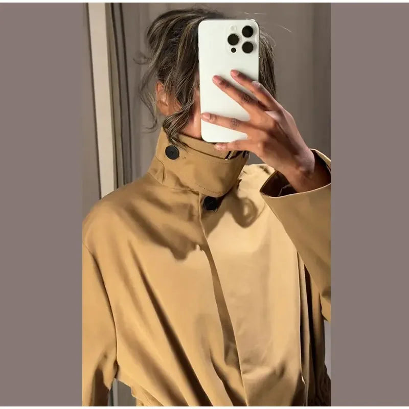 Casual Invisible Button Drawstring Short Parka Women Lapel Single Breasted Full Sleeve Solid Street Jacket 2025 Autumn Lady Coat