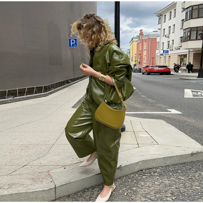 Y2K Pu Leather Women Skirt Set Street Solid Long Sleeve Stand Zippers Jacket Split Skirts 2025 Autumn Fashion Lady Outfit