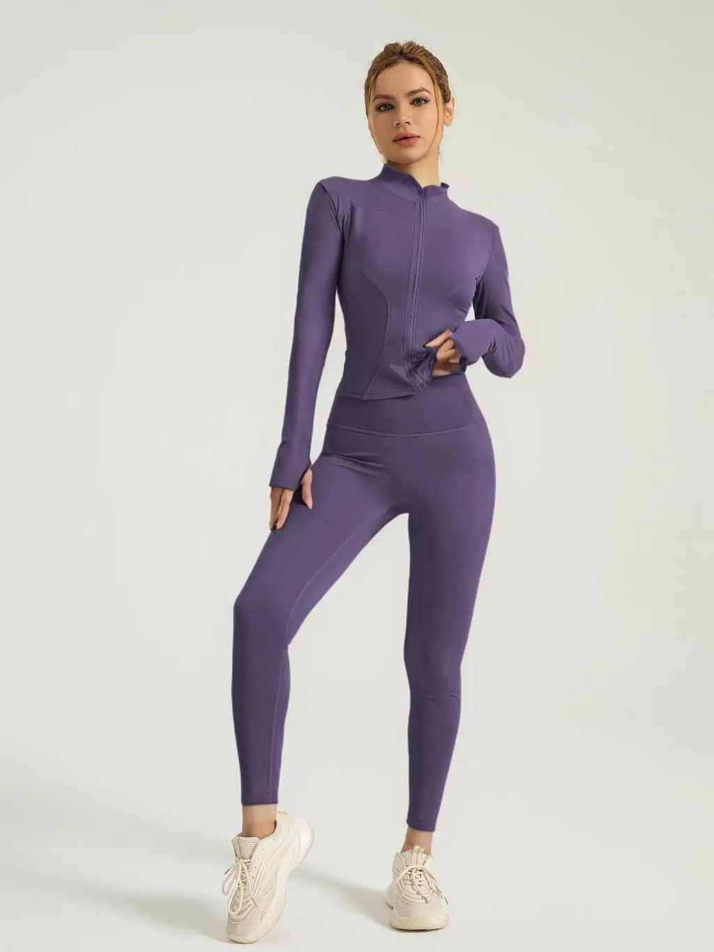 Fitfemme Two-piece Set Women's Solid Zip UpMock Neck Sports Jacket & HighWaist Leggings Set, SportyBreathable Quick Drying