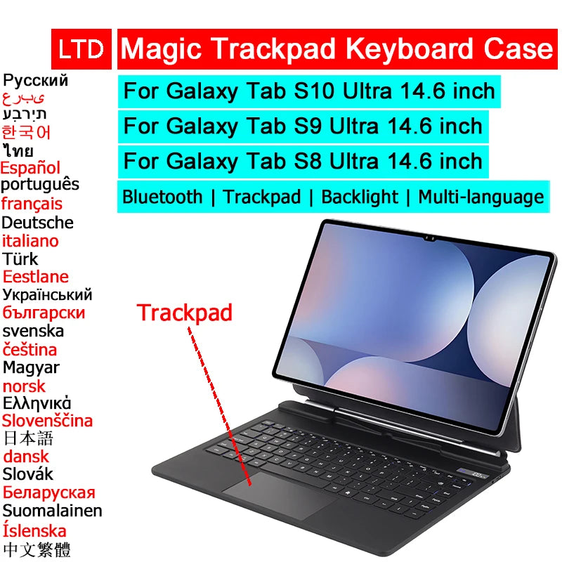 Bluetooth Magic Keyboard Case For Galaxy Tab S10 S9 S8 Ultra 14.6 Tablet Case Russian Arabic Spanish Portuguese French Keyboard
