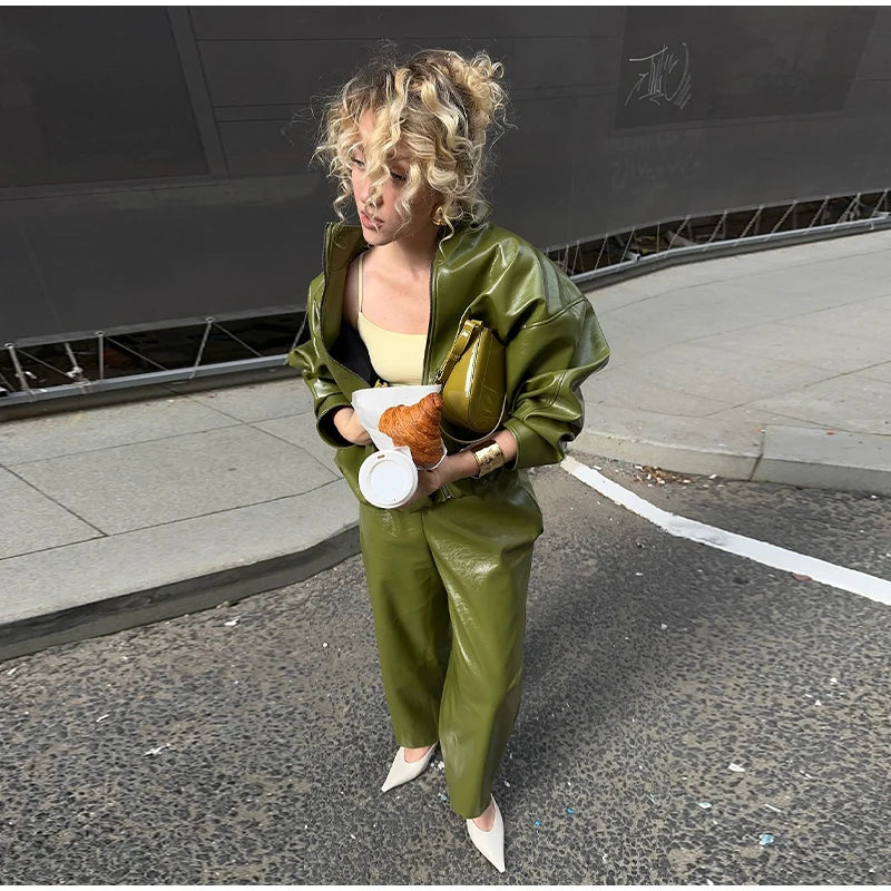Y2K Pu Leather Women Skirt Set Street Solid Long Sleeve Stand Zippers Jacket Split Skirts 2025 Autumn Fashion Lady Outfit