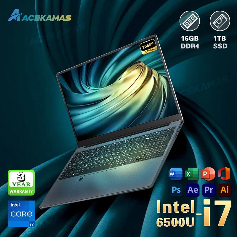 ACEKAMAS 15.6" Computer Laptop Intel Core i7 6500U Windows 11 Pro Gamer Laptops Office Study 16GB DDR4 1TB SSD 1080P Notebook PC
