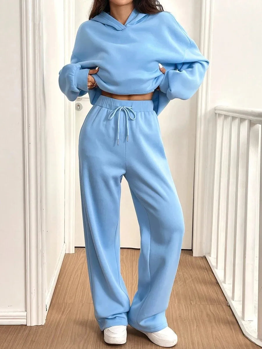 Simplicity Women's Outfits Two Piece Sport Set Long Sleeve Loose Hoodies Lace-up High Waist Straight Pant Sets Solid Tracksuits