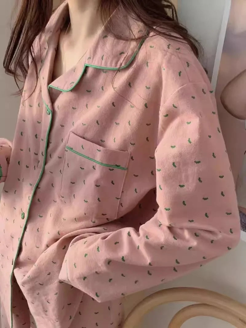 Spring Autumn Pure Cotton Floral Long Sve Stberry Spwear Women's Sweet INS Sle Floing Home Clothes Set Outdoor W...