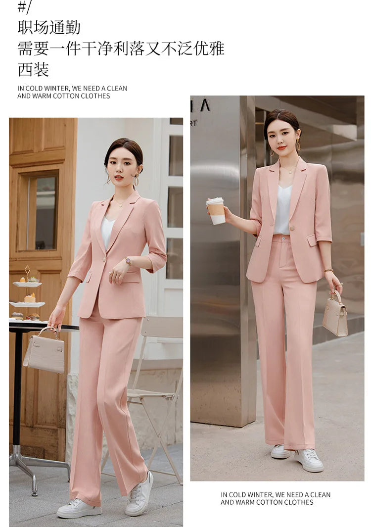 Office Pant Suits for Women Three Quarter Streetwear Casual Two Piece Set 2024 New Spring Summer Single Button Solid Pant Suits