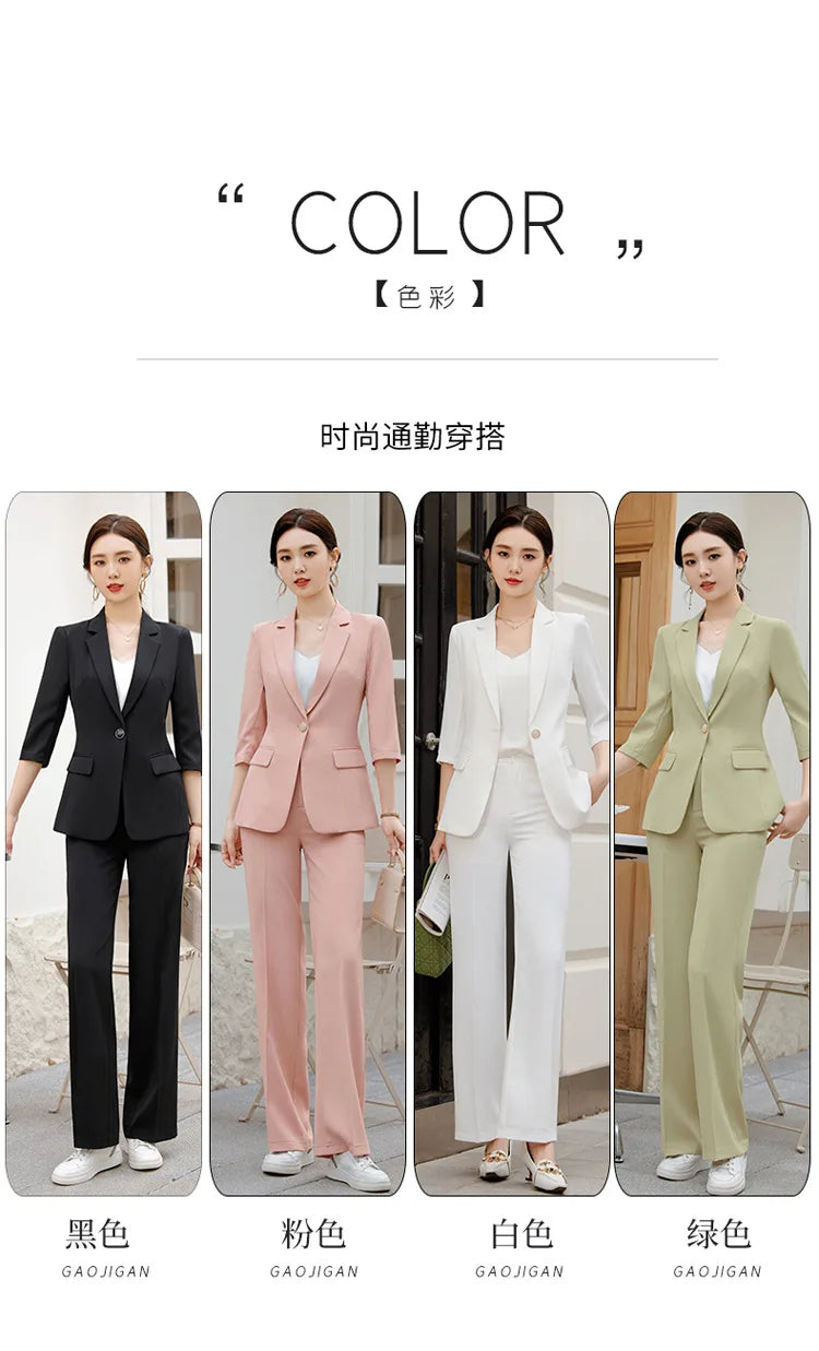Office Pant Suits for Women Three Quarter Streetwear Casual Two Piece Set 2024 New Spring Summer Single Button Solid Pant Suits