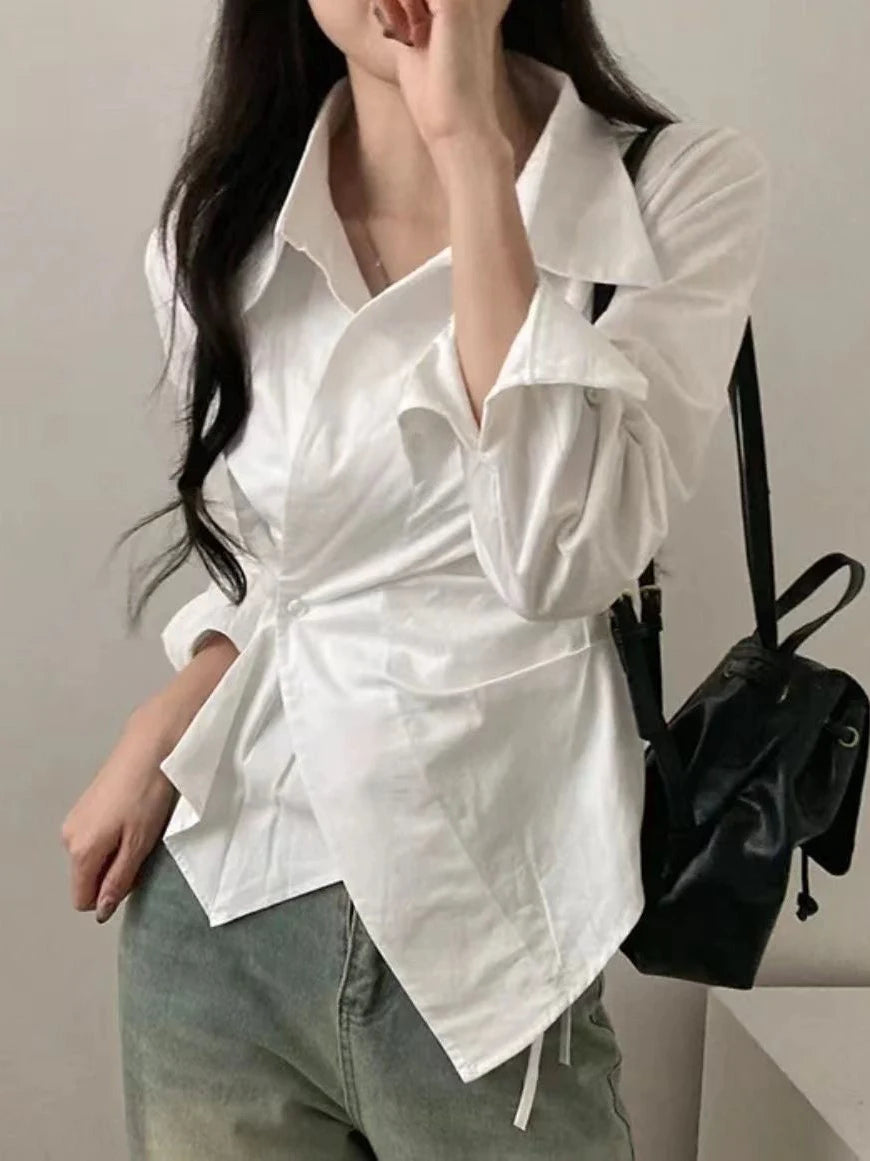 Korean Design Irregular Waist-Cinching Autumn Striped College Sle Long Sve Slimming Top Women's Faion Polyester irt