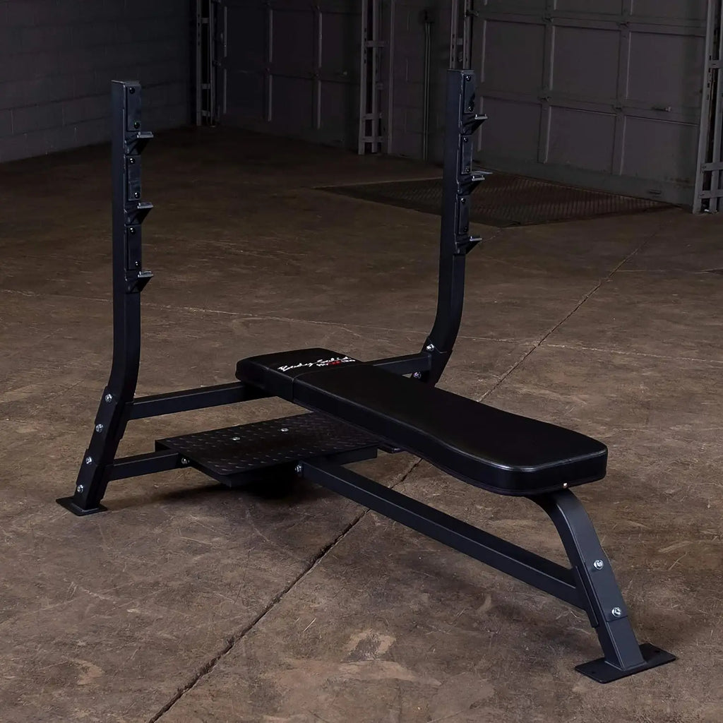 Fixed Flat Bench by for Weightlifting and Strength Training with Spotter Platform