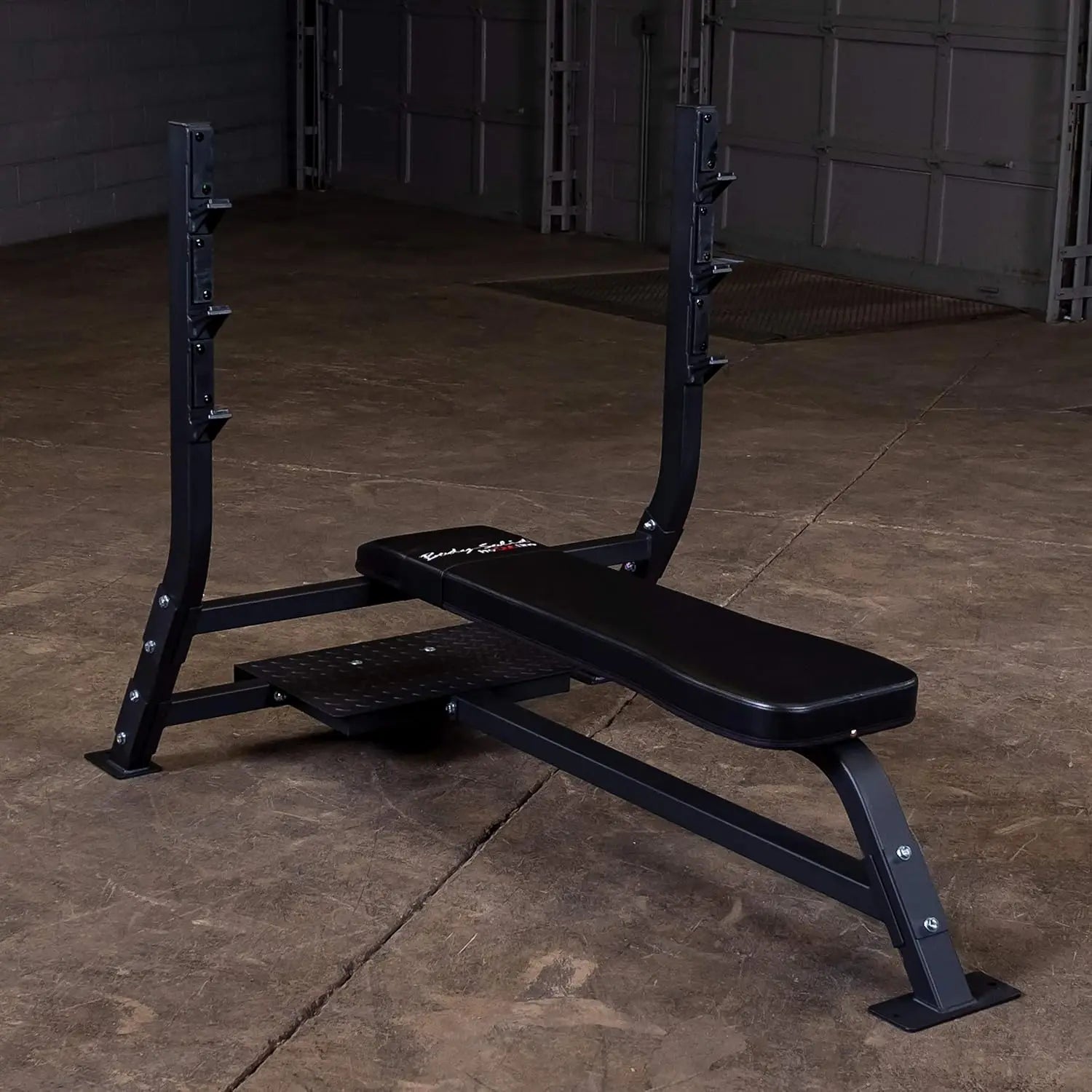 Fixed Flat Bench by for Weightlifting and Strength Training with Spotter Platform