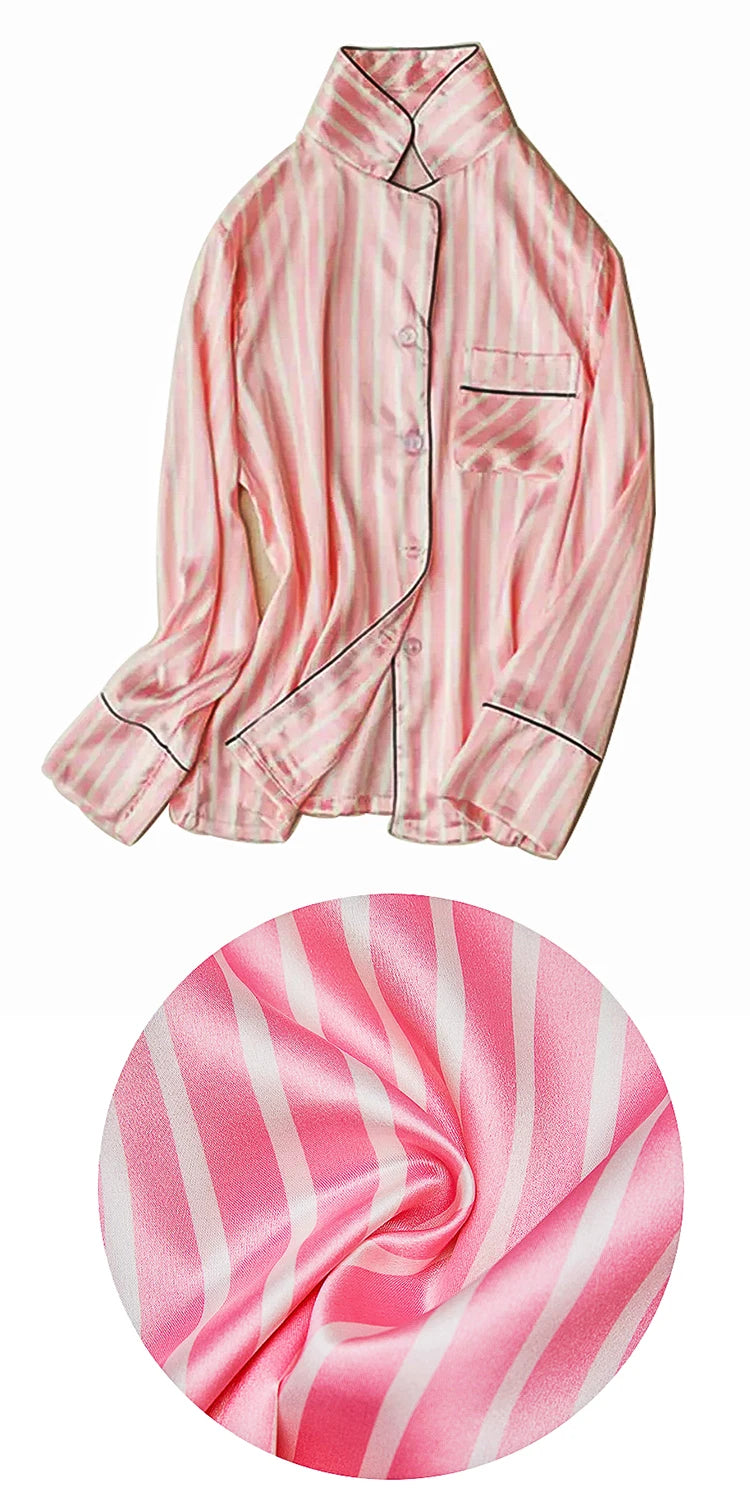 Pajama Sets Woman 7Pcs/Set Pyjamas Sexy Pink Striped Sleepwear Sumptuous Cute Loungewear