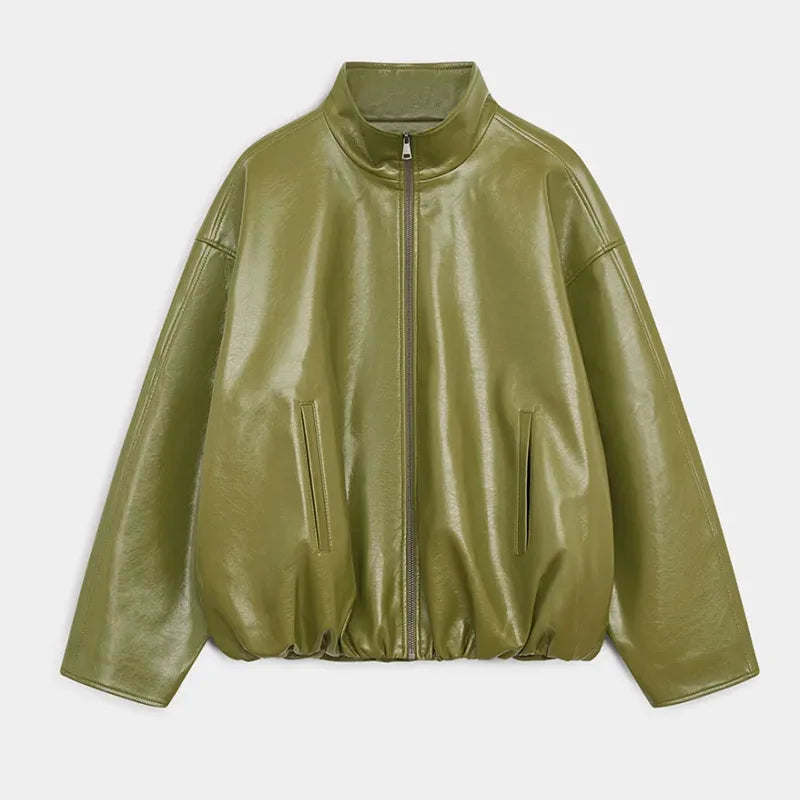 Y2K Pu Leather Women Skirt Set Street Solid Long Sleeve Stand Zippers Jacket Split Skirts 2025 Autumn Fashion Lady Outfit