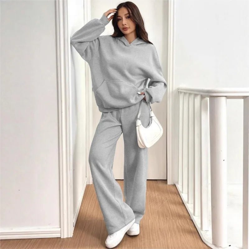 Simplicity Women's Outfits Two Piece Sport Set Long Sleeve Loose Hoodies Lace-up High Waist Straight Pant Sets Solid Tracksuits
